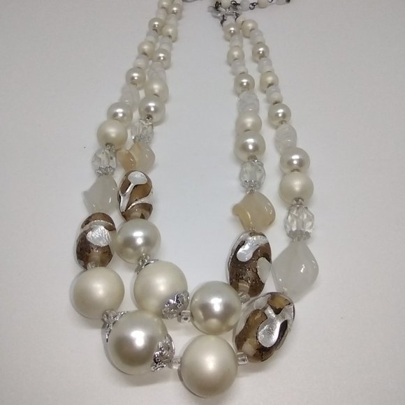 Vintage Multi Glass and Pearl 30" Necklace in White, Cream, Taupe and Silver - Picture 2 of 7